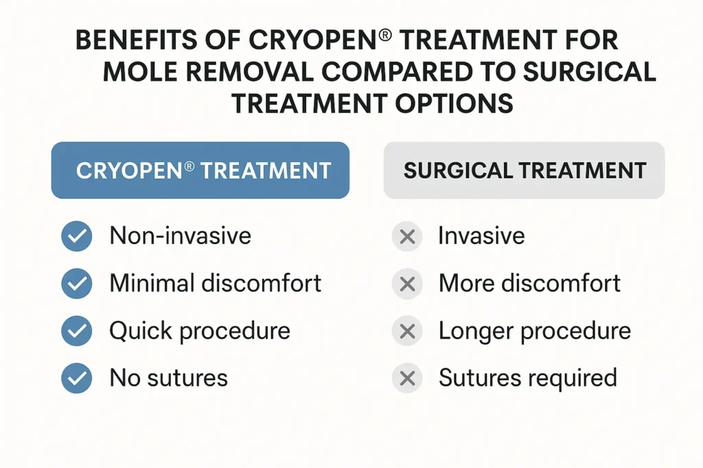Table to show the benefits of getting moles removed Harpenden from LA LIPO