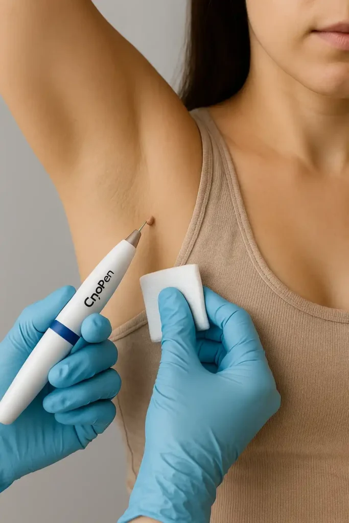 woman having cryopen to remove underarm skin tags Harpenden