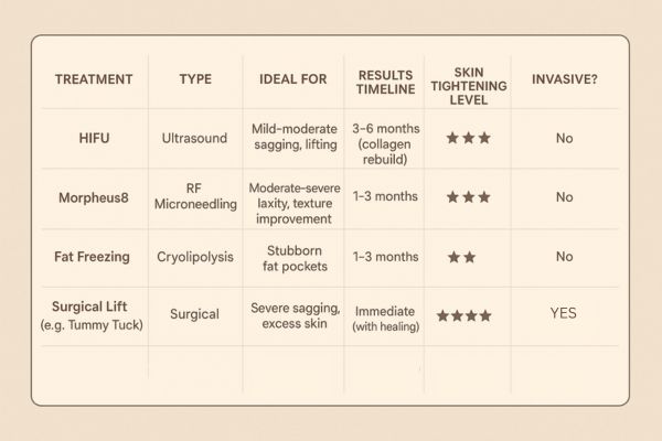 Table showing the comparisons of Skin tightening Harpenden treatment options. 